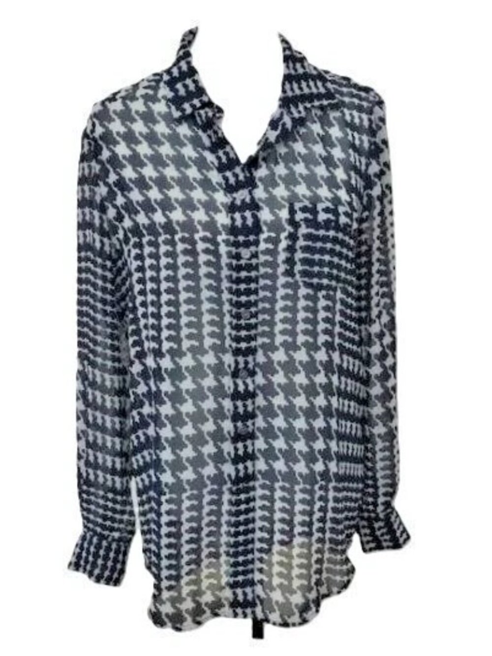 Vince Camuto Black & Grey Chiffon L/S Button Down Houndstooth Blouse S NWT $79